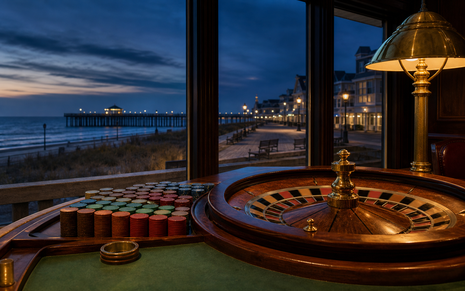 Green baize casino table with stacked chips and a roulette wheel, an Atlantic coastal town with a wooden boardwalk and distant pier through the window at blue hour