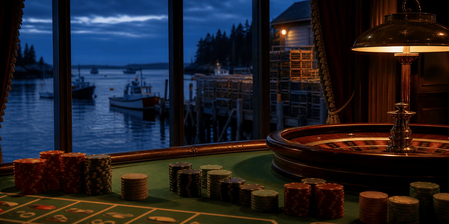 Online casinos in Maine, casino table and chips with a lobster boat harbour at blue hour