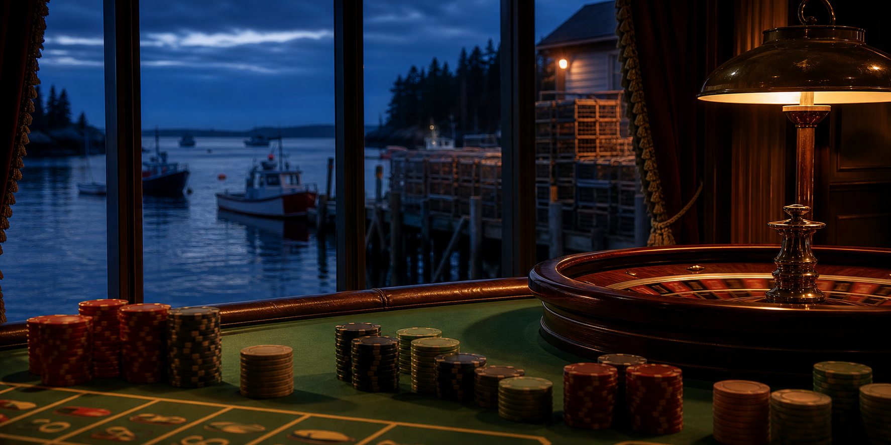 Online casinos in Maine, casino table and chips with a lobster boat harbour at blue hour