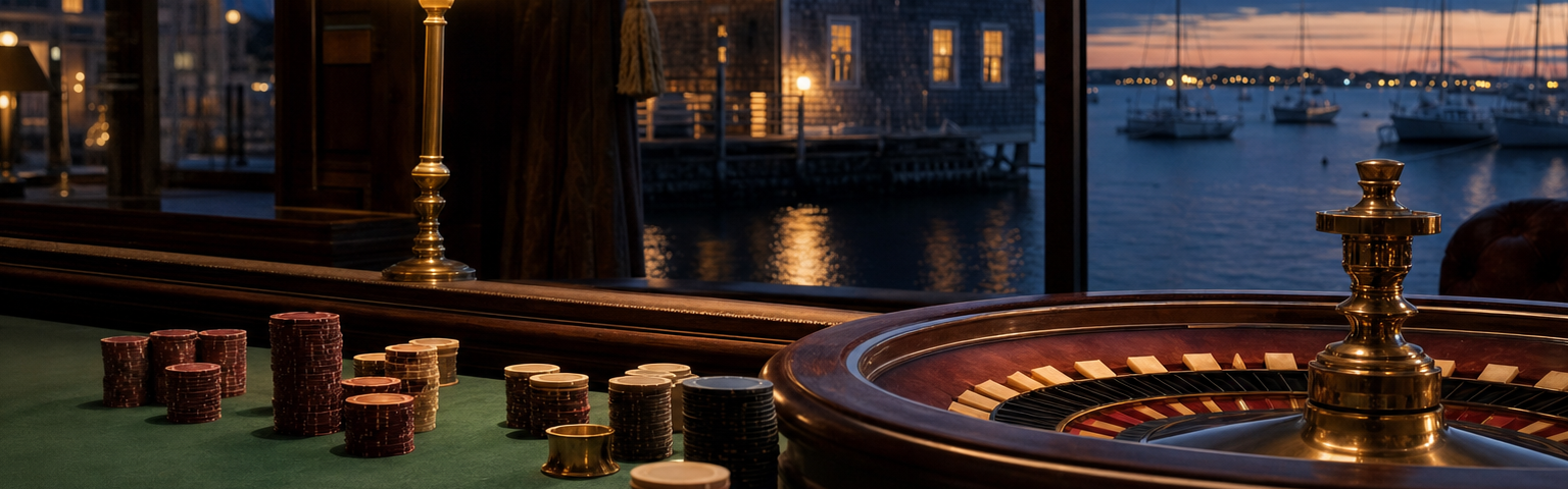 Online casinos in Rhode Island, casino table and chips with a Newport sailboat harbour at blue hour