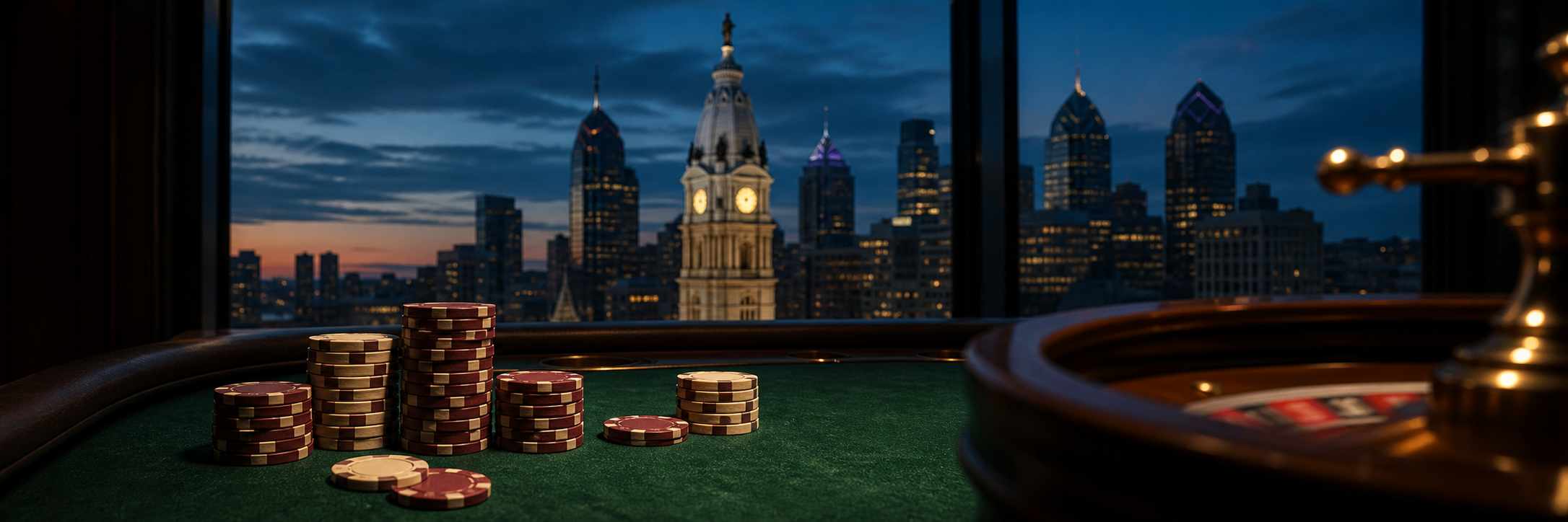 Casino table with burgundy and cream chips and a roulette wheel, Philadelphia skyline at blue hour beyond, online casinos in Pennsylvania