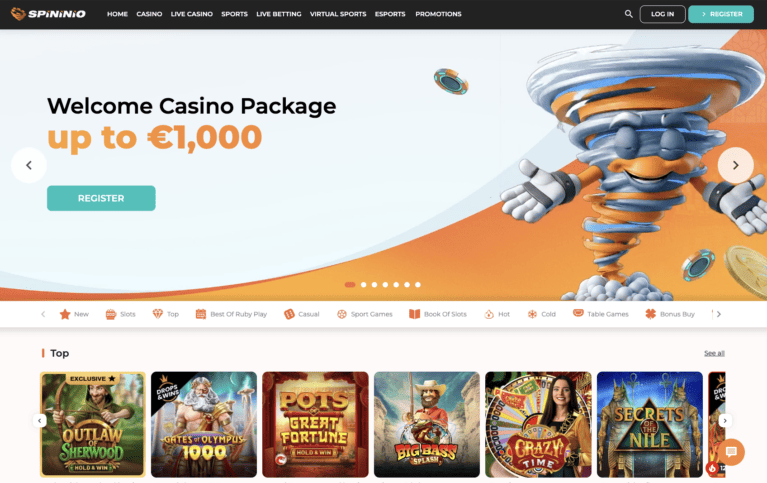 Spininio Casino homepage showing the welcome casino package up to 1000 euro and game lobby