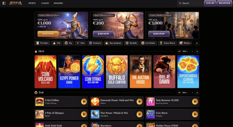 Atefia Casino homepage showing the casino and sports welcome bonuses and game categories