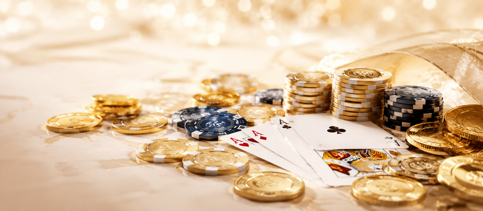 Casino bonuses shown as chips cards and coins on a light surface