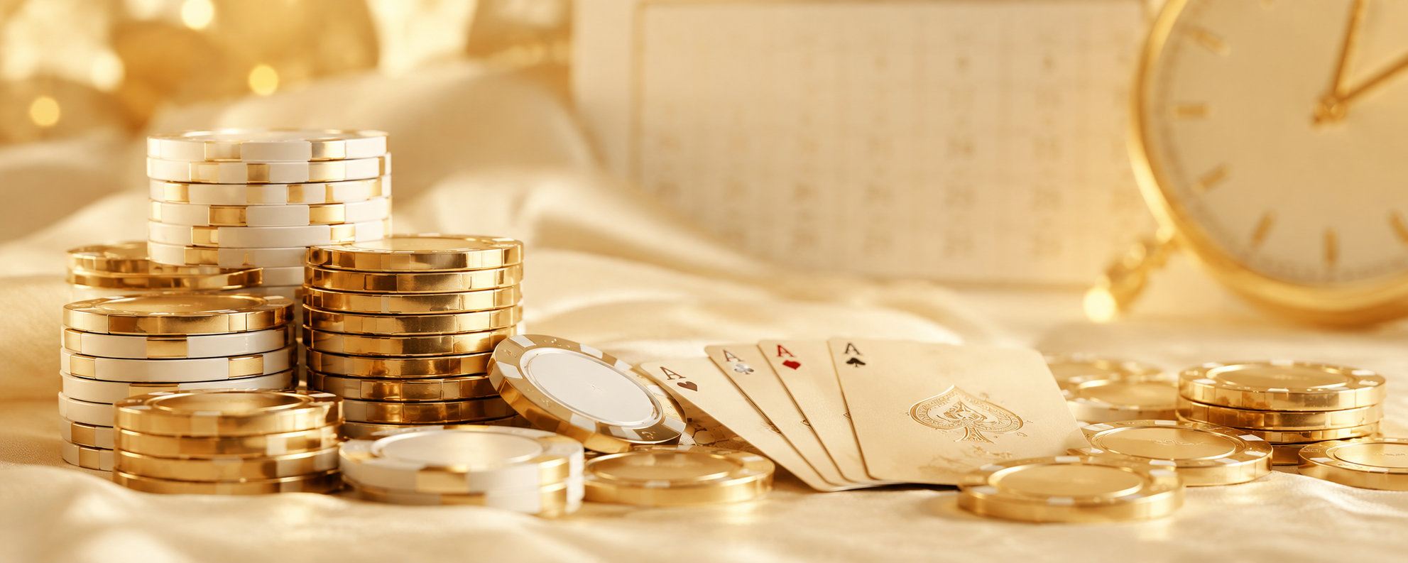 Casino Bonuses 2024 shown as gold chips and playing cards on a light surface