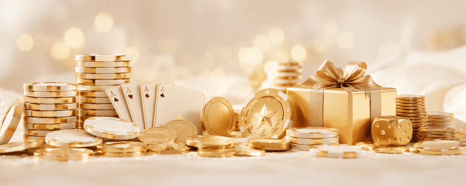 Different Casino Bonuses 2024 types shown as gold chips coins and cards