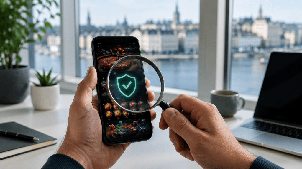 Sweden licensed casinos shown on a laptop with the Stockholm waterfront behind