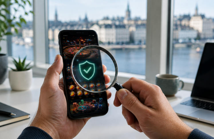 Sweden licensed casinos shown on a laptop with the Stockholm waterfront behind