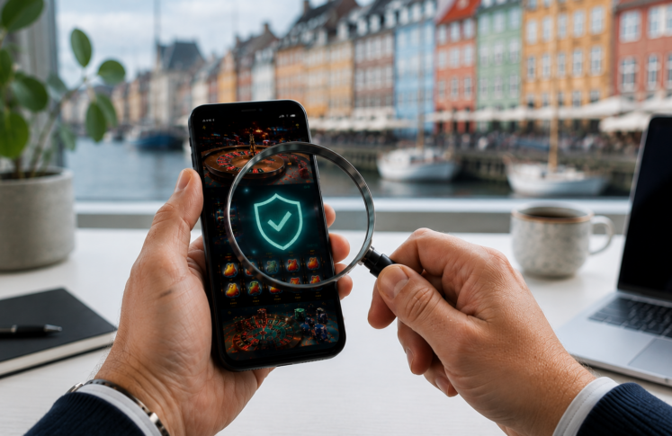 Denmark licensed casinos shown on a laptop with the Nyhavn waterfront in Copenhagen behind