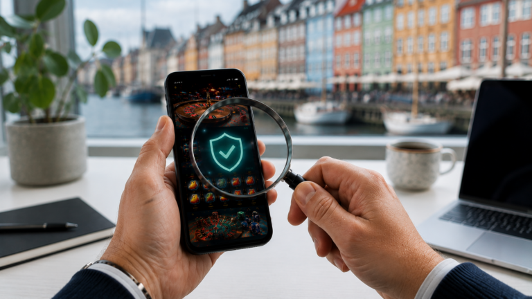 Denmark licensed casinos shown on a laptop with the Nyhavn waterfront in Copenhagen behind