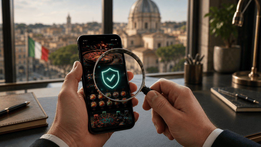 Italy licensed casinos shown on a laptop with the Colosseum in Rome behind