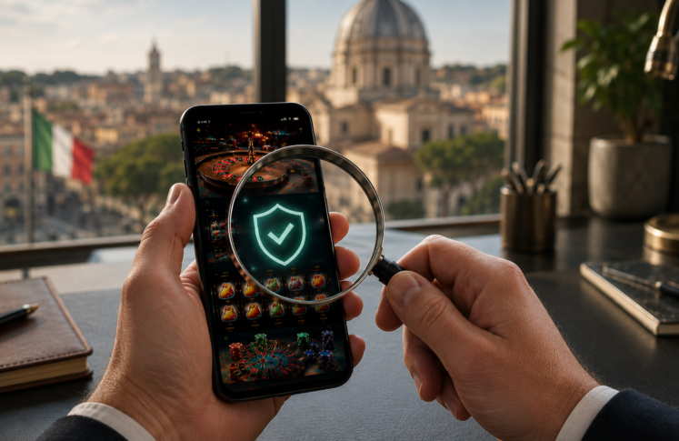 Italy licensed casinos shown on a laptop with the Colosseum in Rome behind