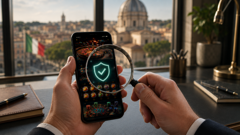 Italy licensed casinos shown on a laptop with the Colosseum in Rome behind