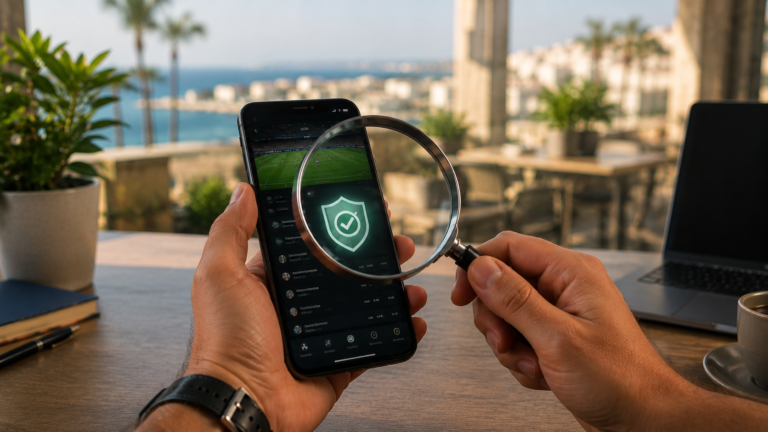 Cyprus licensed casinos and betting shown on a device with the Limassol coastline behind