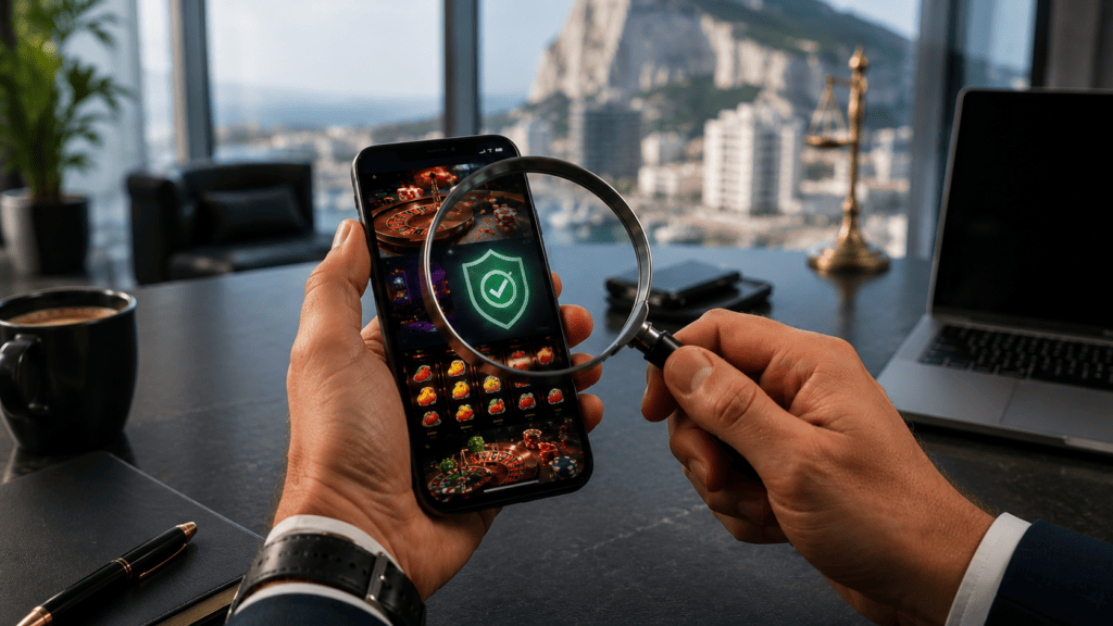 Gibraltar licensed casinos shown on a laptop with the Rock of Gibraltar behind