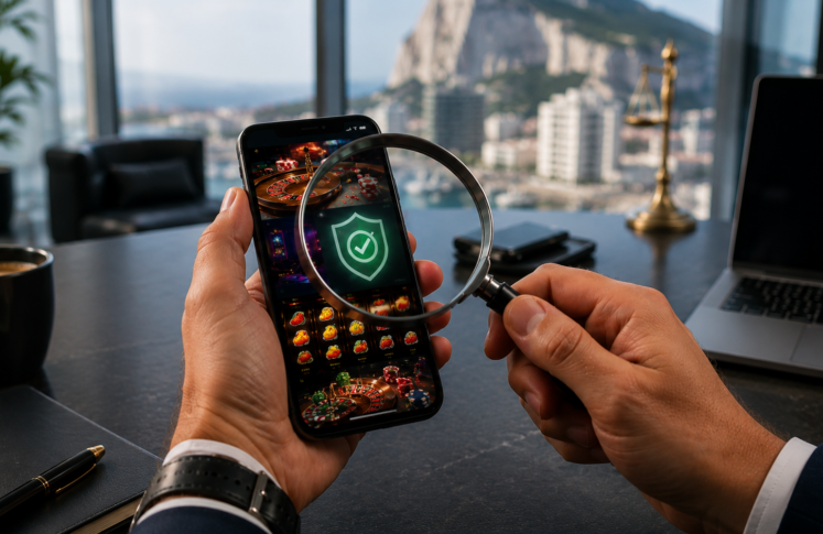 Gibraltar licensed casinos shown on a laptop with the Rock of Gibraltar behind