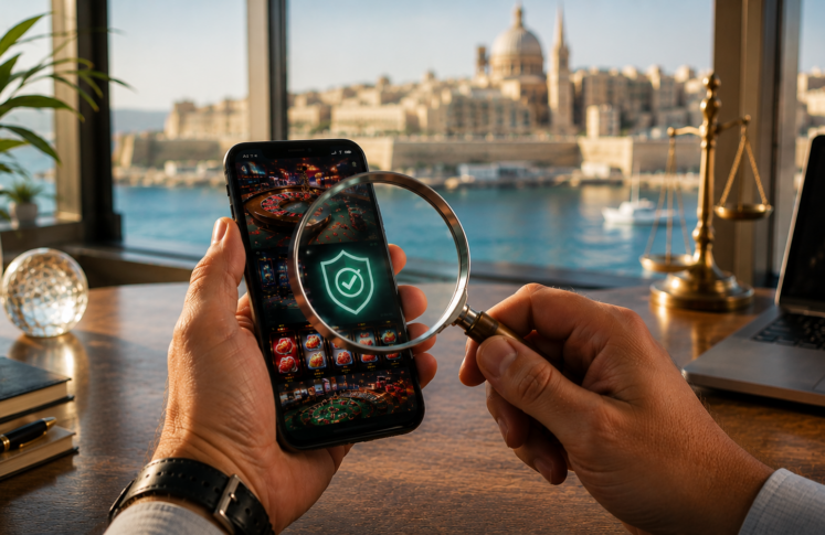 Malta licensed casinos shown on a laptop with the harbour of Valletta behind
