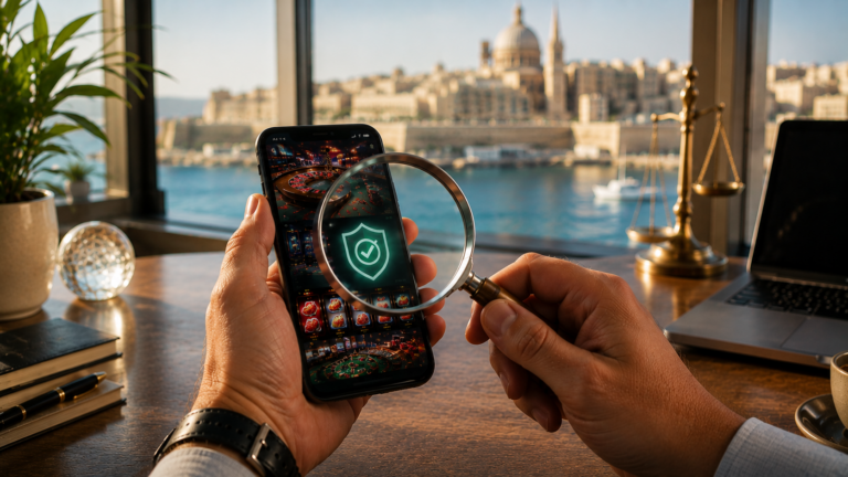 Malta licensed casinos shown on a laptop with the harbour of Valletta behind