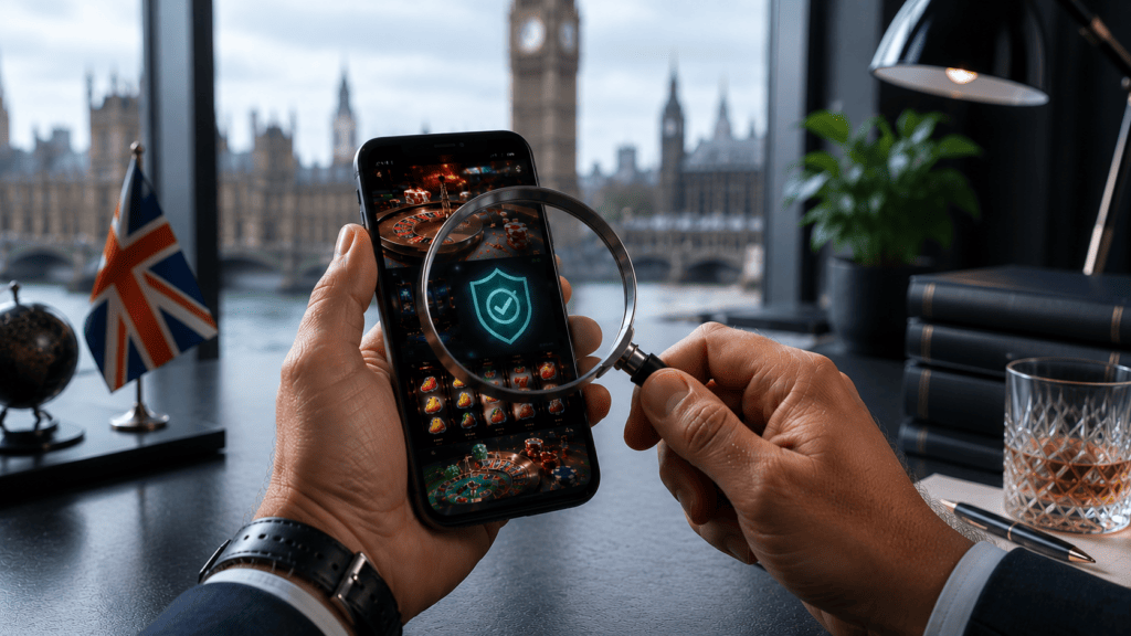 UK licensed casinos shown on a laptop with the London skyline behind