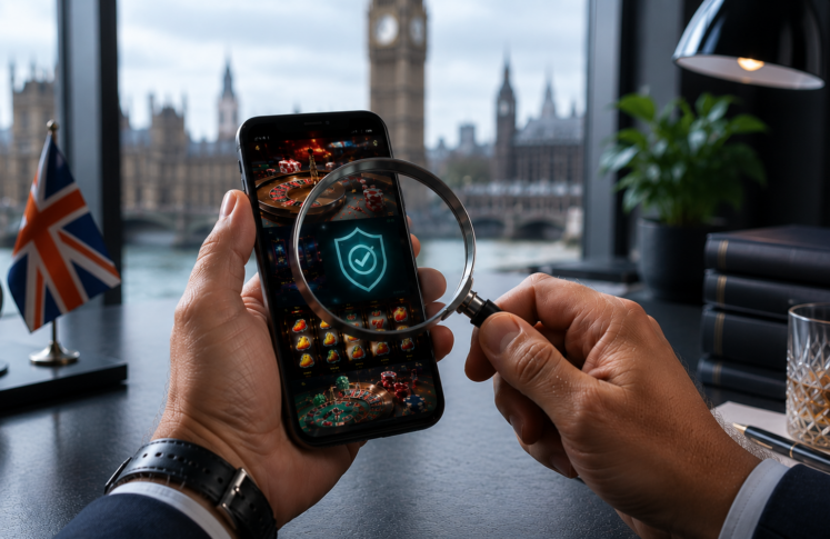 UK licensed casinos shown on a laptop with the London skyline behind