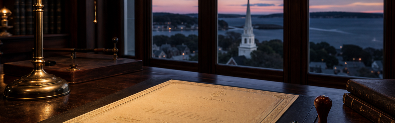 Embossed gaming licence certificate under a brass desk lamp on a dark wooden desk, a New England coastal skyline at twilight through the windows behind
