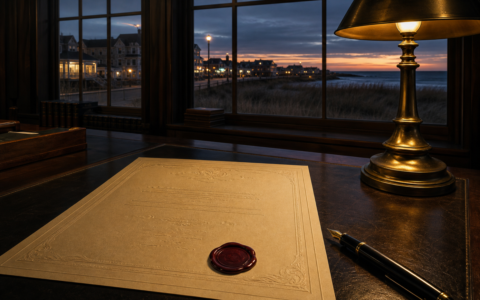 Embossed gaming licence certificate under a brass desk lamp on a dark wooden desk, an Atlantic coastal skyline at twilight through the windows behind