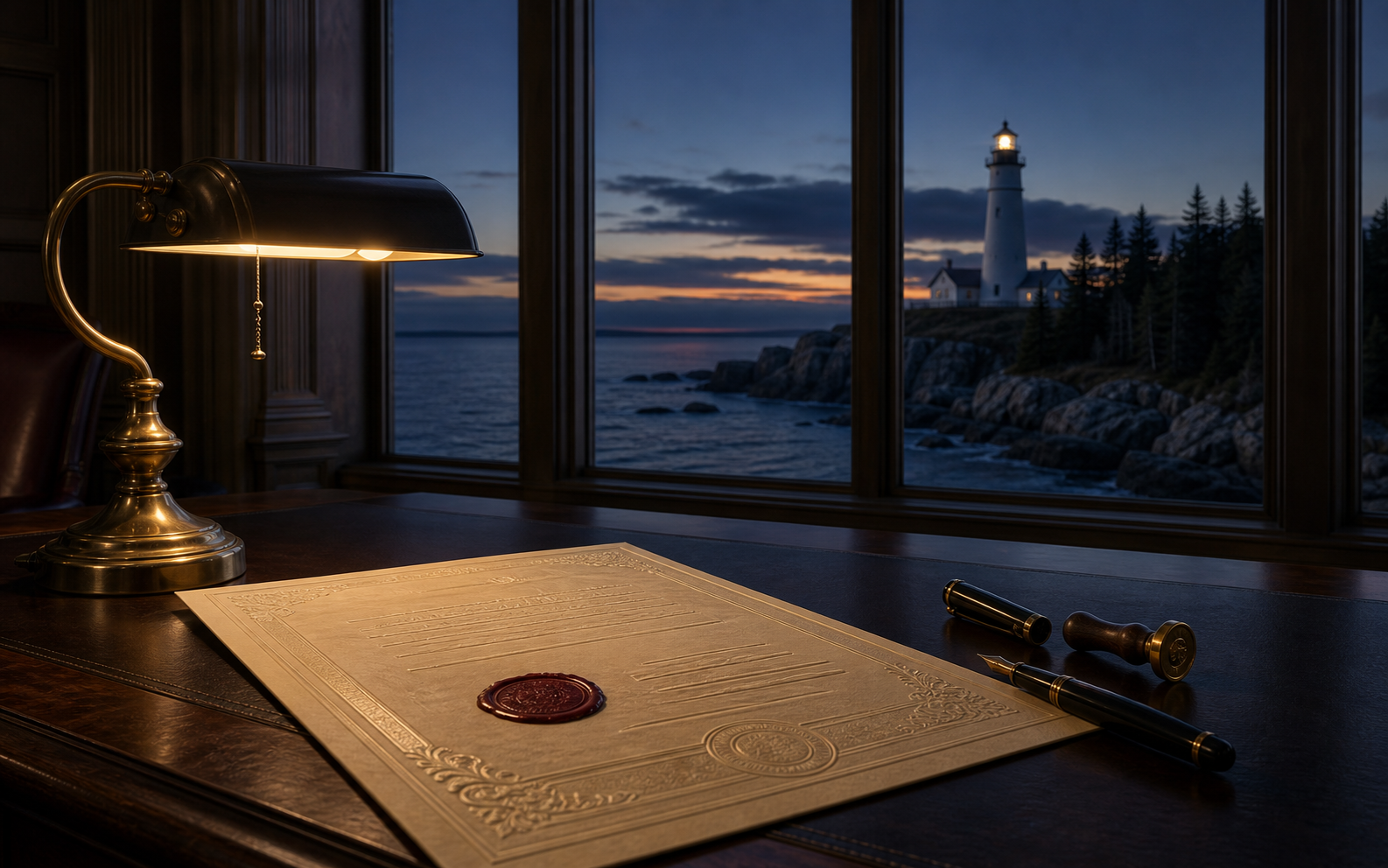Maine licensed casinos, gaming licence certificate on a desk with a lighthouse coastline at twilight