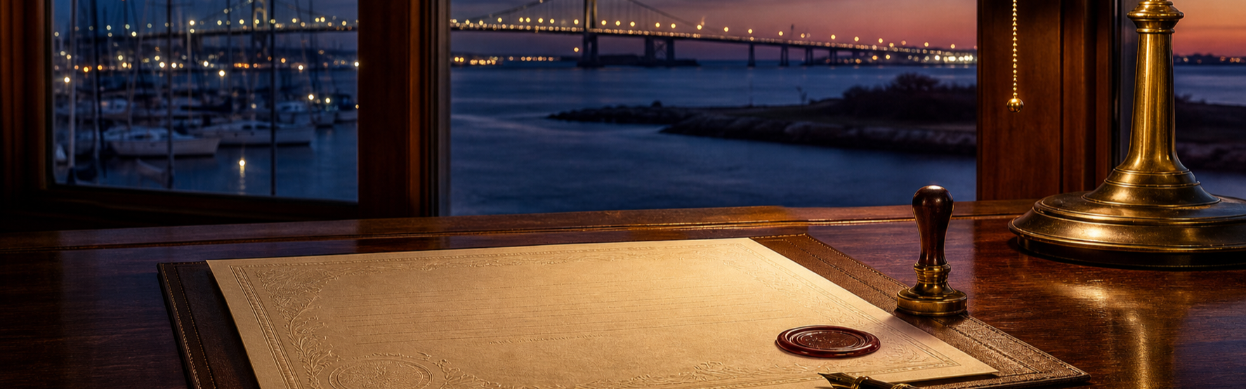 Rhode Island licensed casinos, embossed gaming licence certificate on a desk with a coastal skyline at twilight