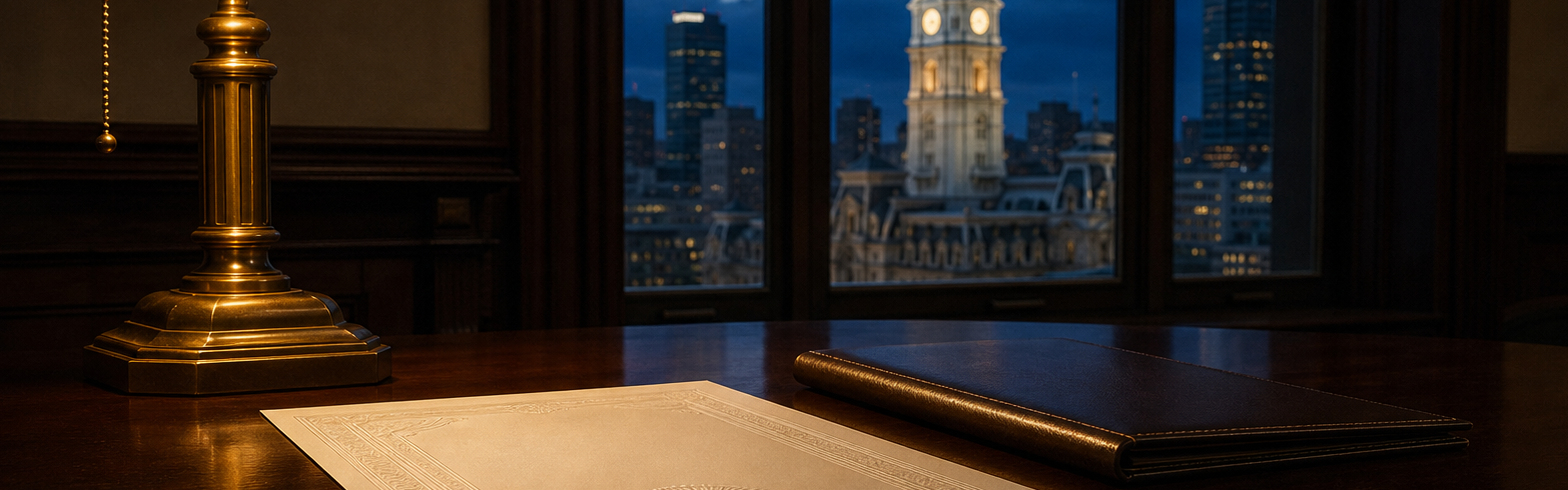 Official gaming licence certificate on a desk in lamplight with the Philadelphia skyline beyond, Pennsylvania licensed casinos