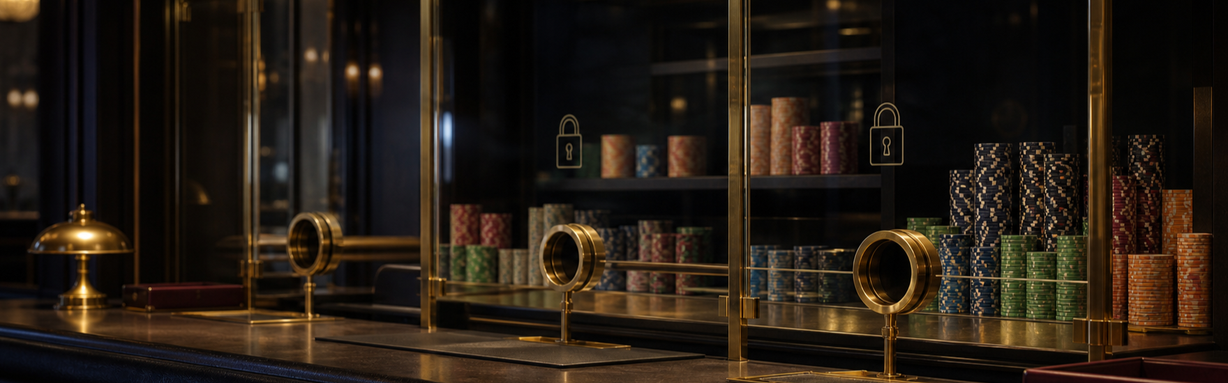 Casino cashier counter in warm low light with stacks of chips behind a glass partition and brushed brass fittings