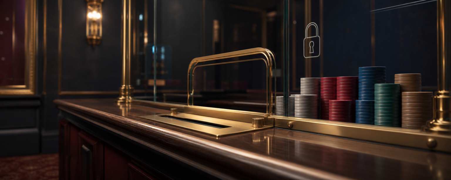 Casino cashier counter in warm low light with stacks of chips behind a glass partition and brushed brass fittings