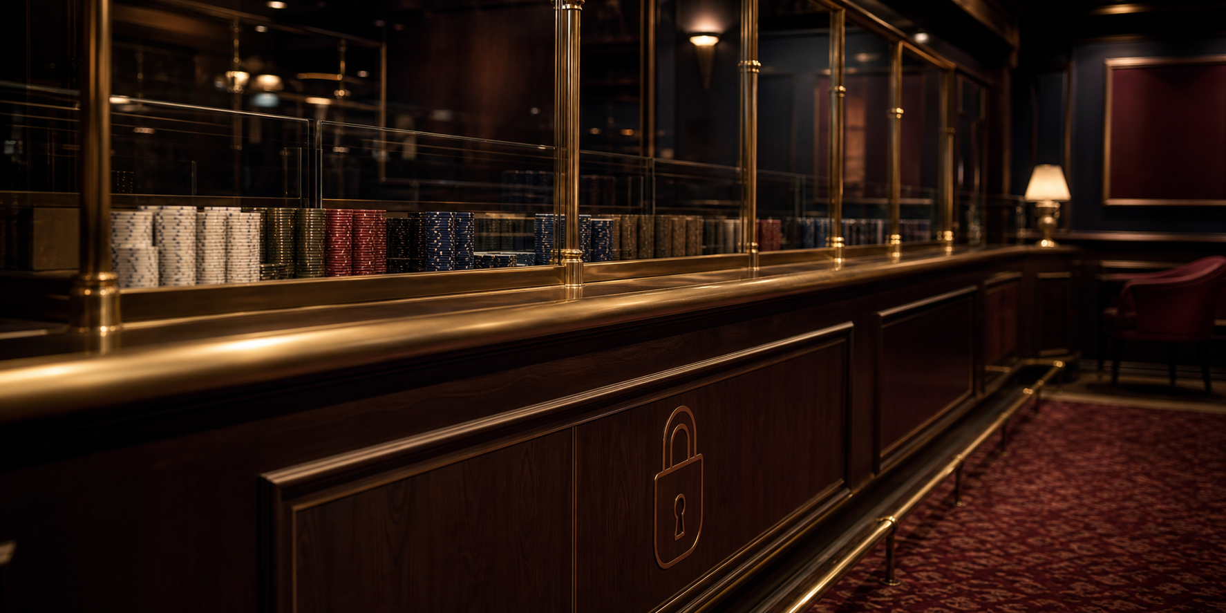 Maine licensed casinos, cashier counter with stacks of chips behind glass in warm light