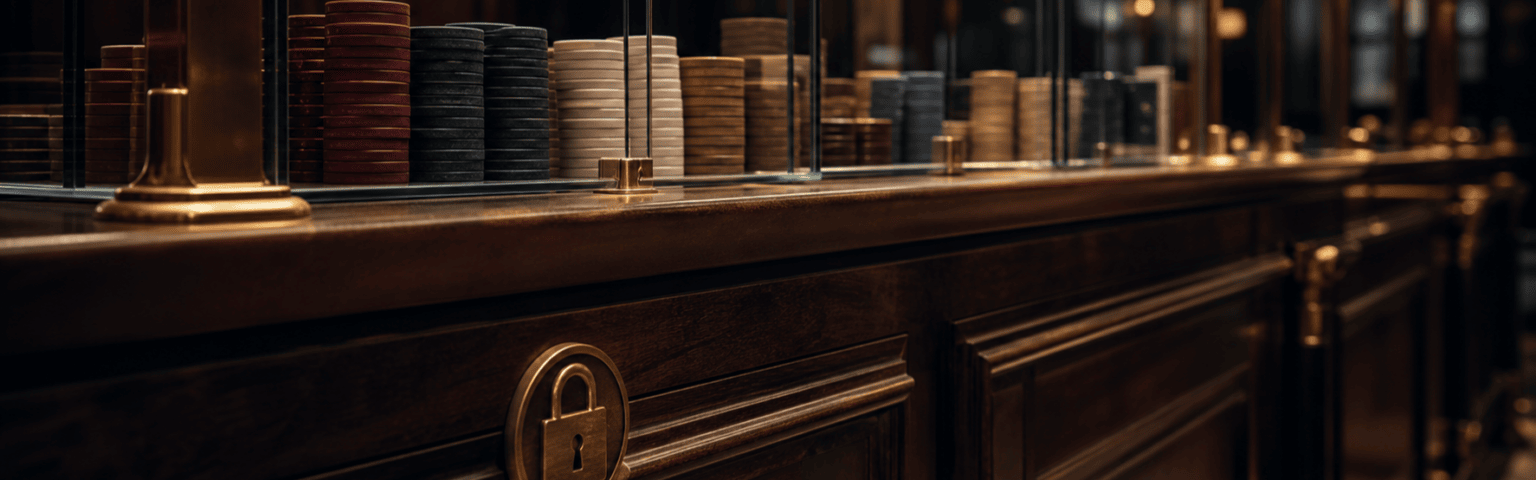 Rhode Island licensed casinos, cashier counter with stacks of chips behind glass in warm light