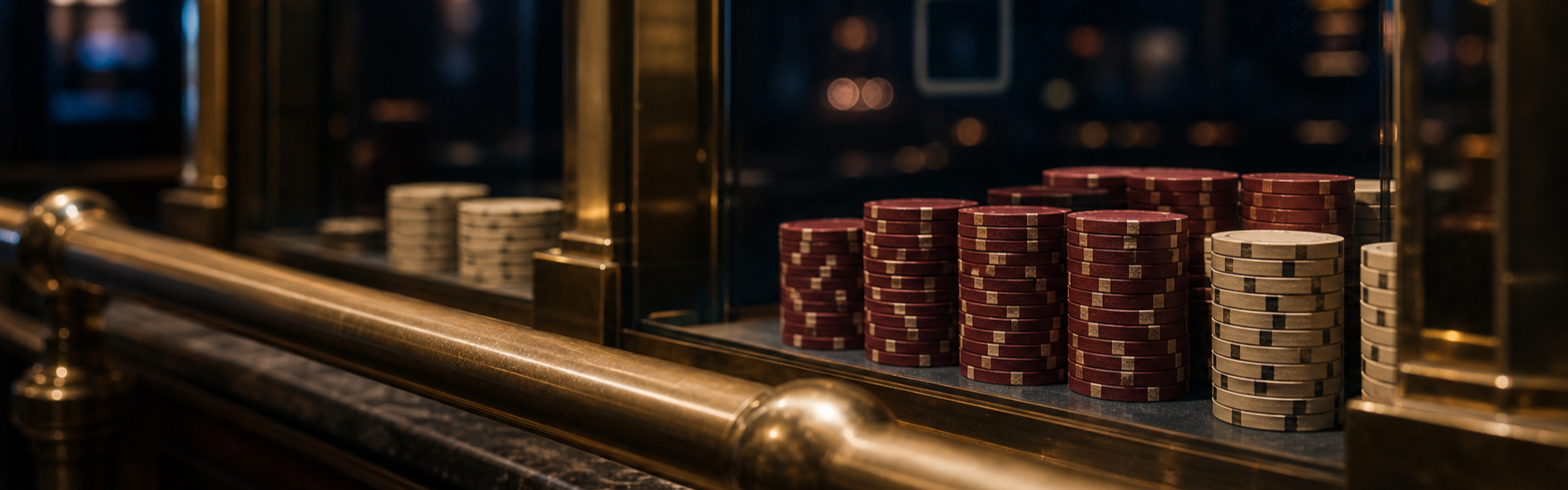 Casino cashier counter in warm low light with burgundy and cream chips stacked behind protective glass, player protection at Pennsylvania licensed casinos