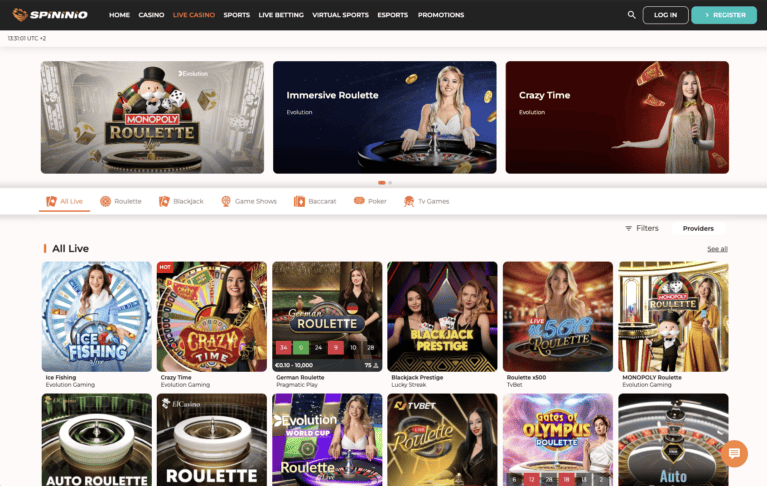 Live dealer lobby with Evolution Gaming roulette, blackjack and game show tables