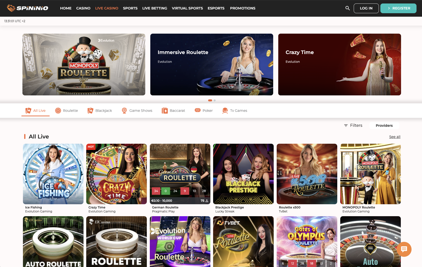 Live dealer lobby with Evolution Gaming roulette, blackjack and game show tables