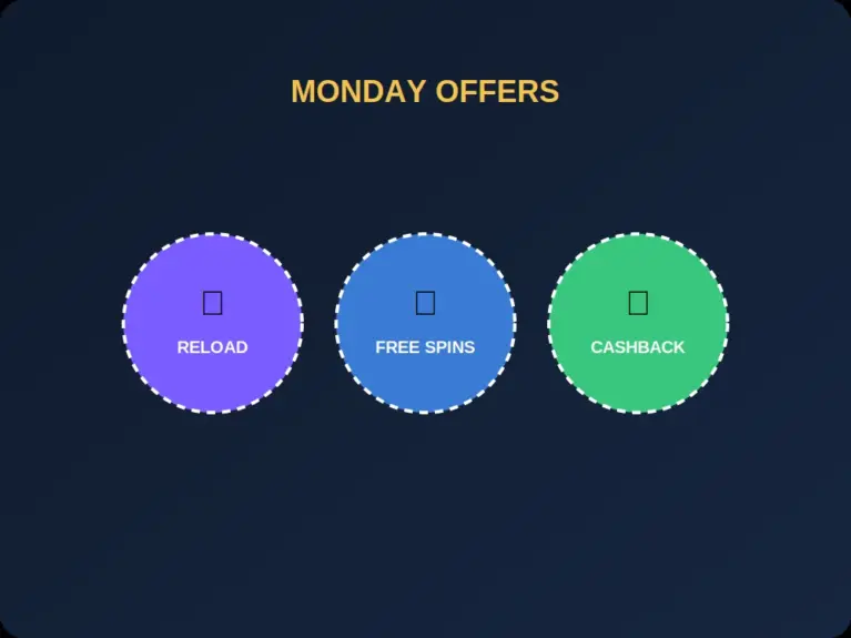 Three bonus types reload free spins and cashback shown as coloured chips
