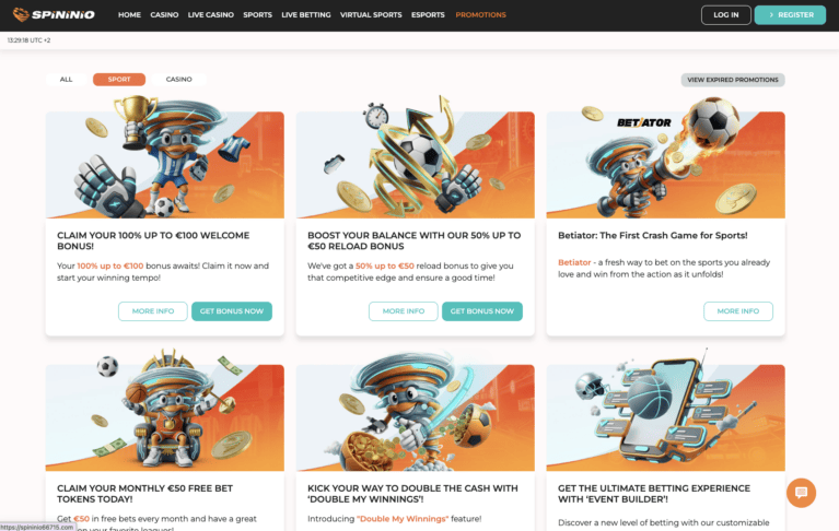 Spininio Casino promotions page listing the welcome package Tuesday reload bonus and monthly free spins offers