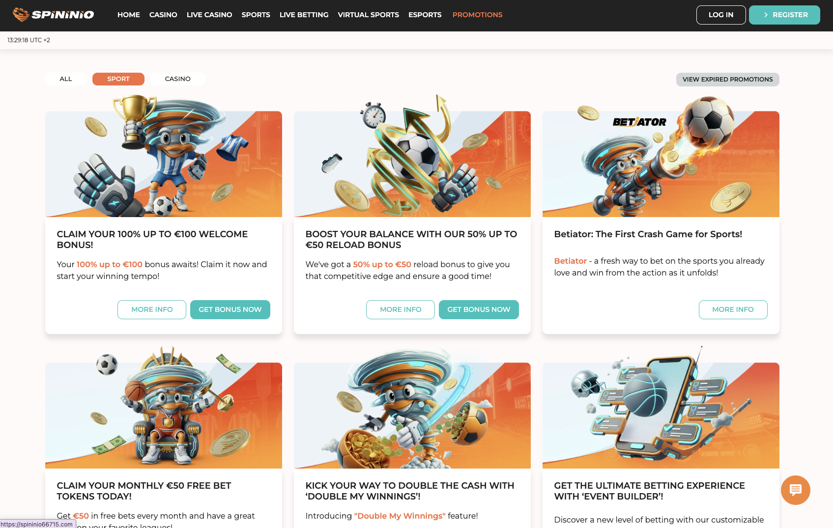 Spininio Casino promotions page listing the welcome package Tuesday reload bonus and monthly free spins offers