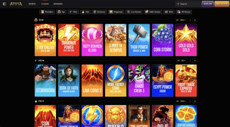 Slot lobby featuring Hold and Win, Megaways and Bonus Buy titles from top providers