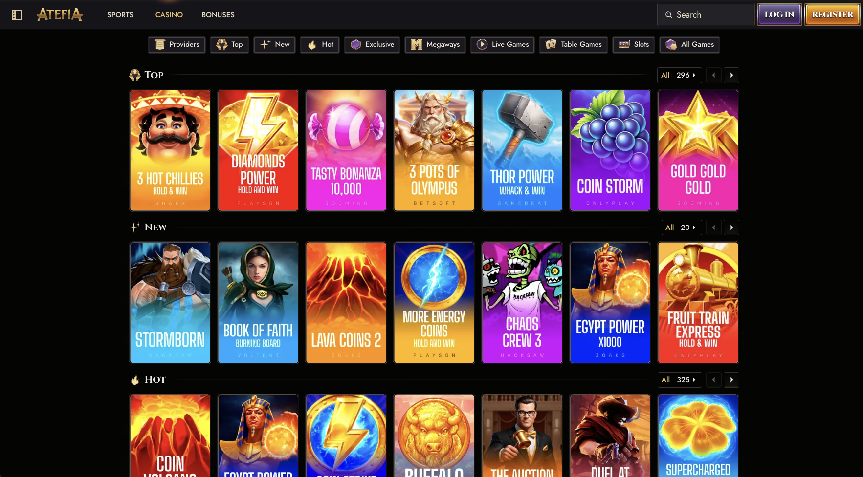 Slot lobby featuring Hold and Win, Megaways and Bonus Buy titles from top providers