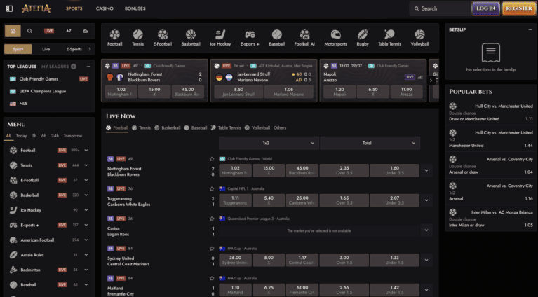 Sportsbook with live betting markets across football, basketball and tennis