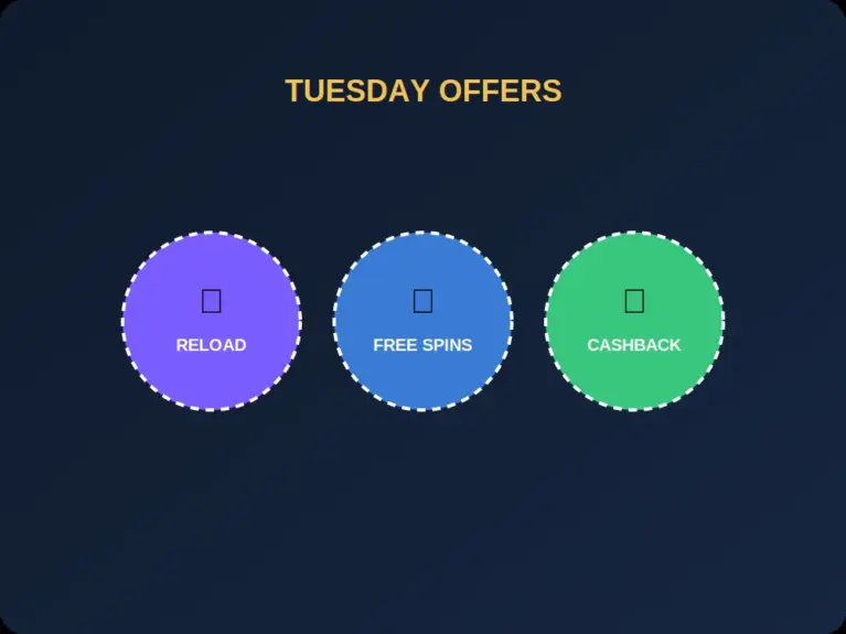 Three bonus types reload free spins and cashback shown as coloured chips