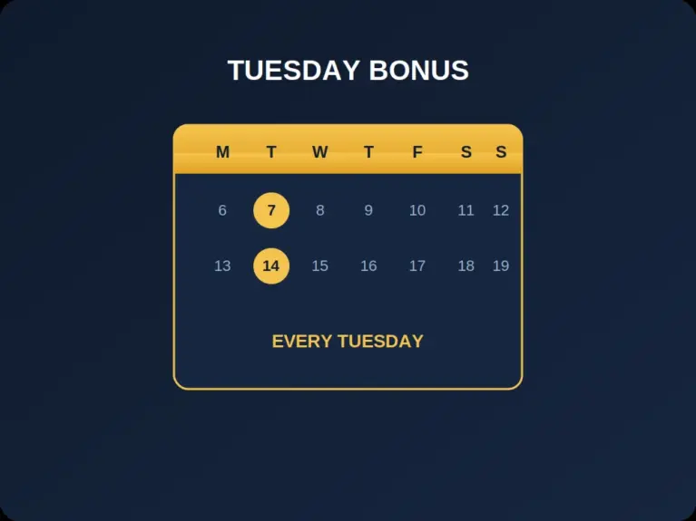 Calendar with Tuesdays highlighted for weekly casino promotions