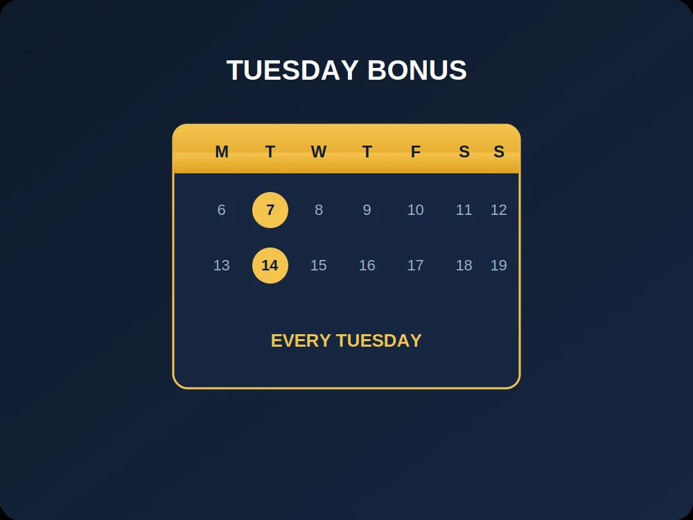Calendar with Tuesdays highlighted for weekly casino promotions