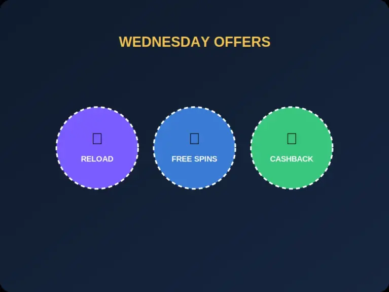 Three bonus types reload free spins and cashback shown as coloured chips