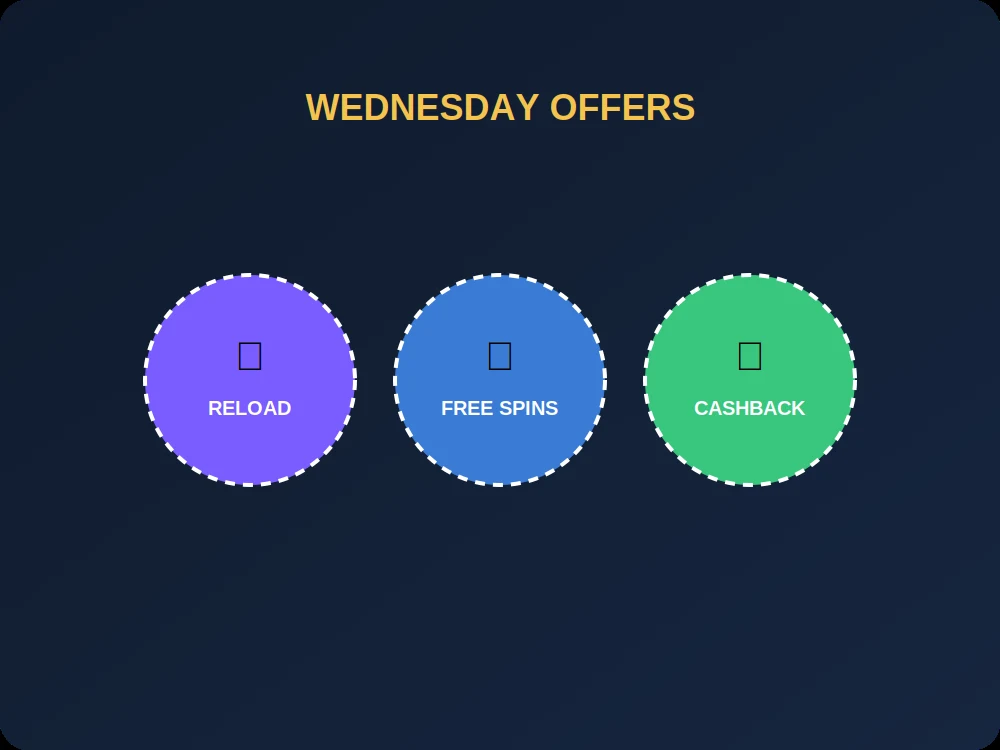 Three bonus types reload free spins and cashback shown as coloured chips