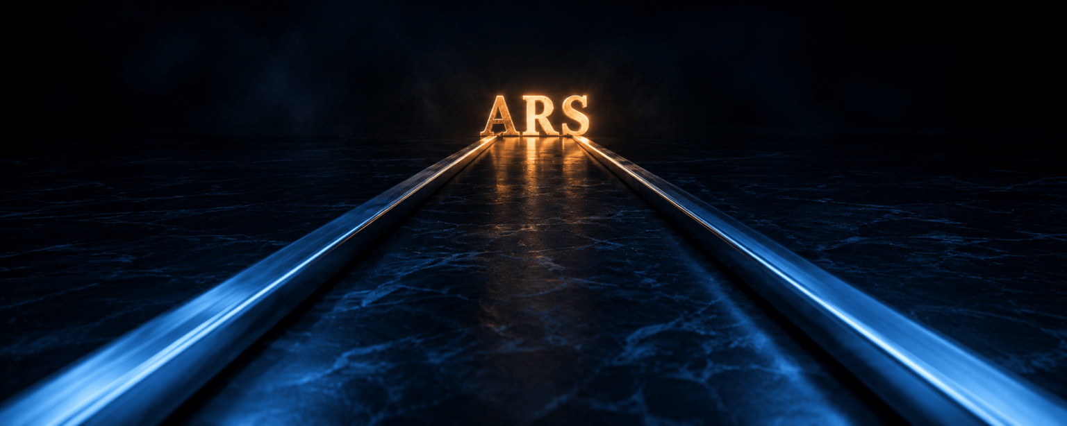 Two steel rails running into the distance, far apart in the foreground and almost touching where the ARS letterforms stand in amber light