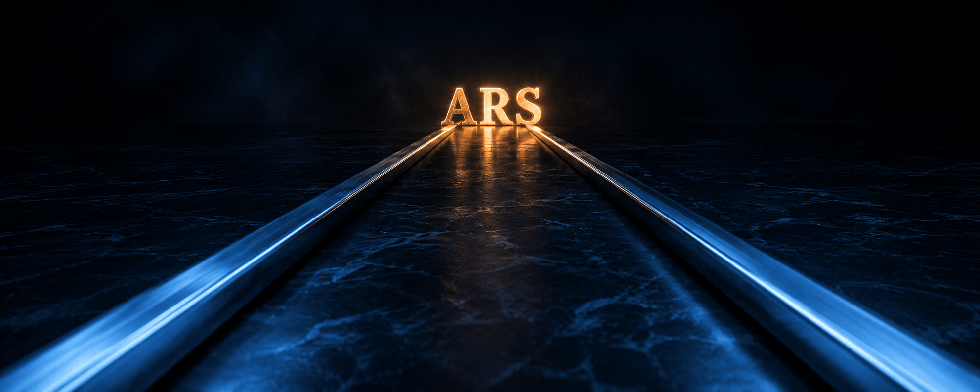 Two steel rails running into the distance, far apart in the foreground and almost touching where the ARS letterforms stand in amber light