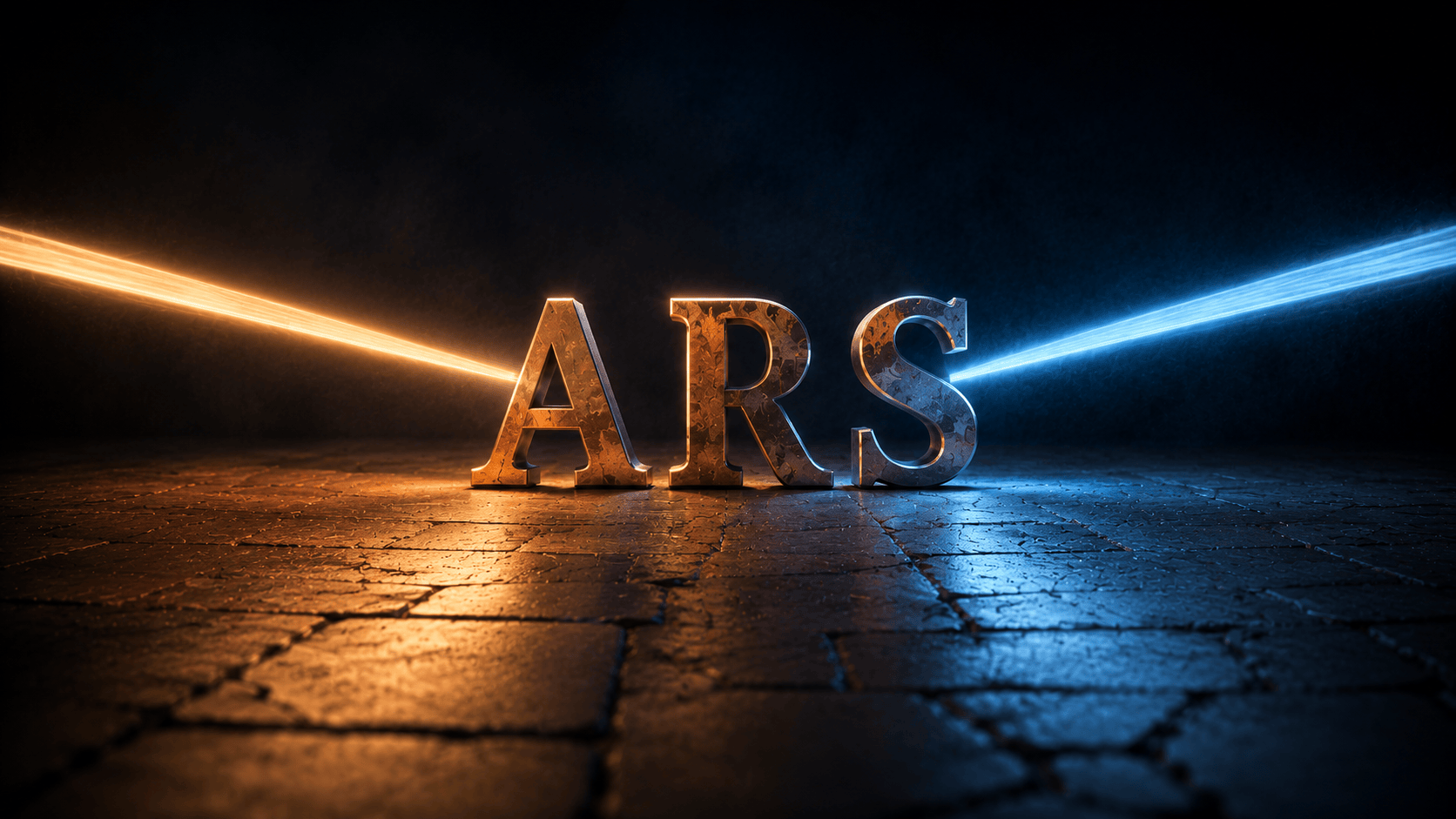 Sculpted copper letters spelling ARS on cracked terracotta, with amber and blue beams converging from opposite sides onto them